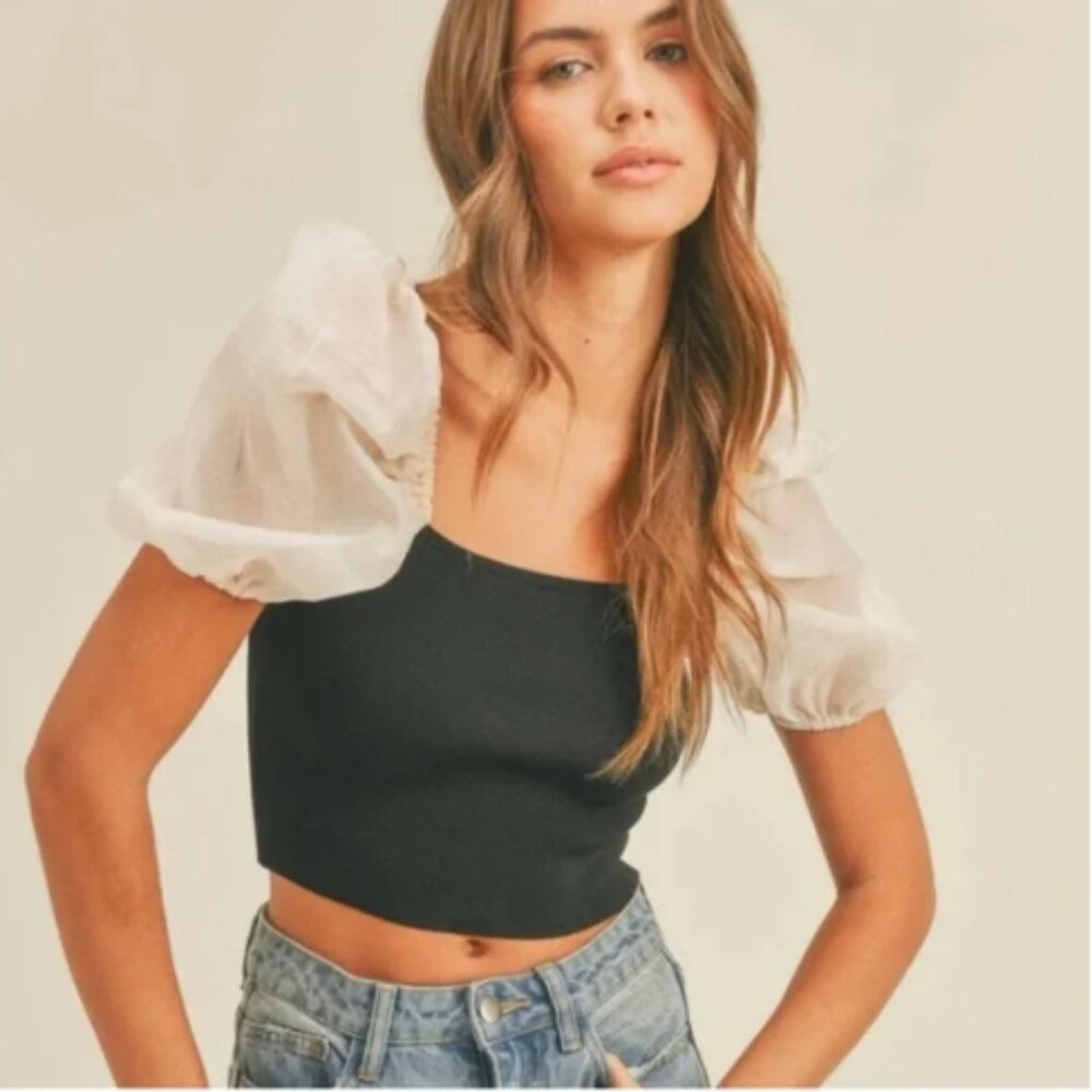 Miou Muse Black Cream Pouf Top Knit Ribbed Stretch Crop Top Romantic Size Small